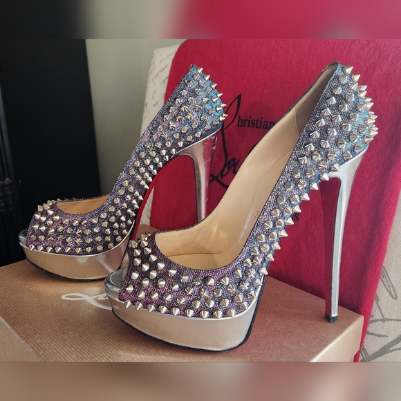 CHRISTIAN LOUBOUTIN Metallic Lame Lady Peep Spike Platform Pumps Size 37 - Picture 4 of 16